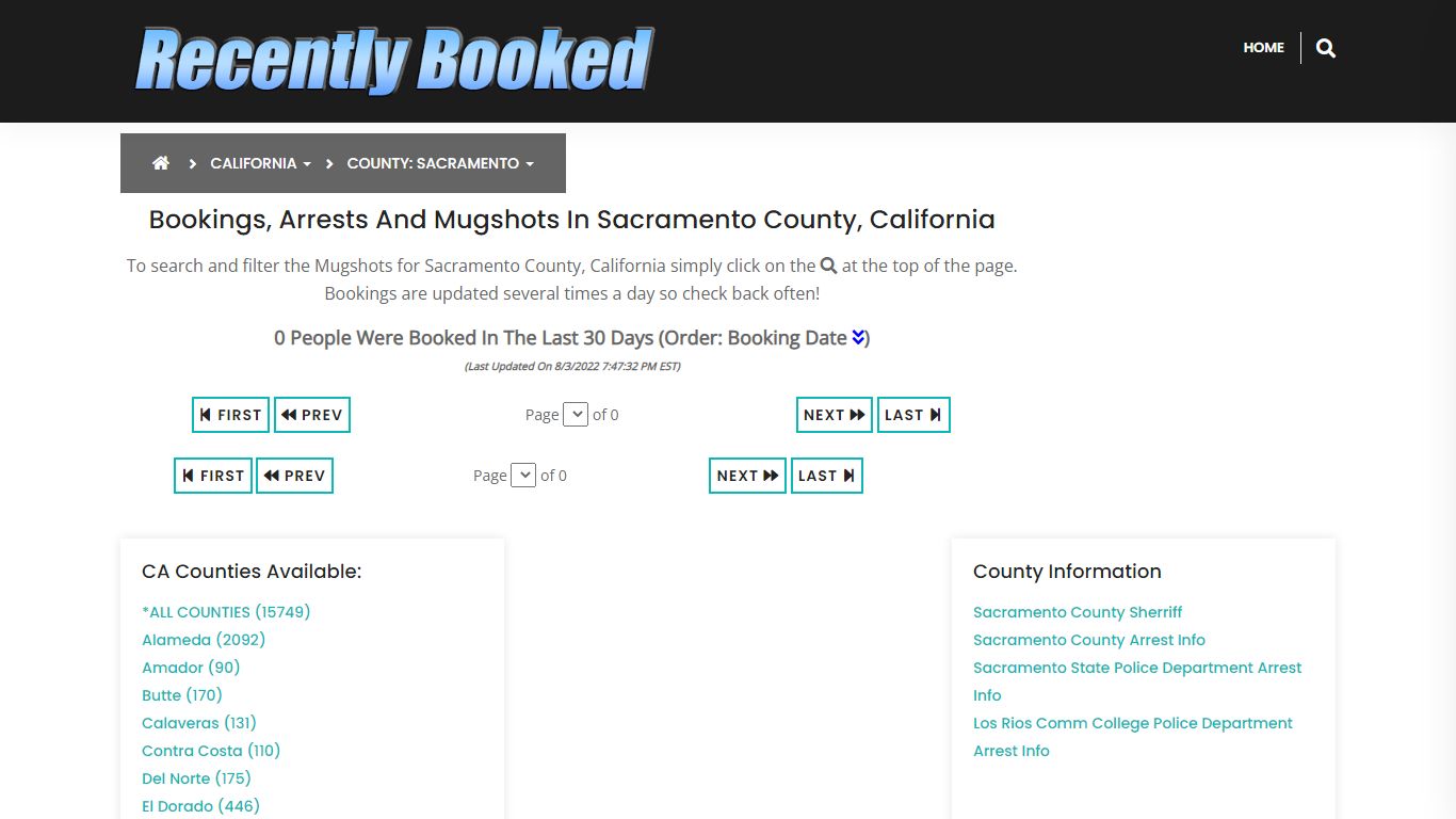 Bookings, Arrests and Mugshots in Sacramento County, California
