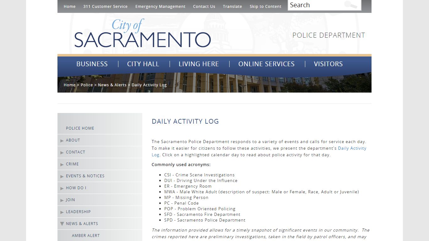 Daily Activity Log - City of Sacramento